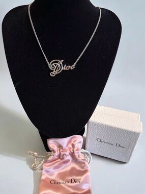 DIOR Cursive Amour Logo Silver Tone Necklace with Box & Dust Bag 16 in + 2in ext